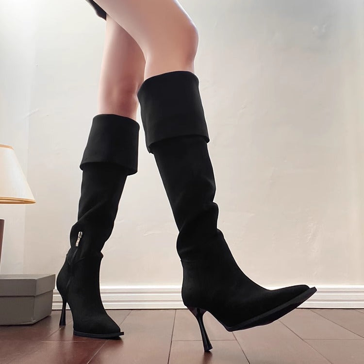 Women's Fold Over Knee High Boots - Stiletto Heel Pointed Toe Tall Boots