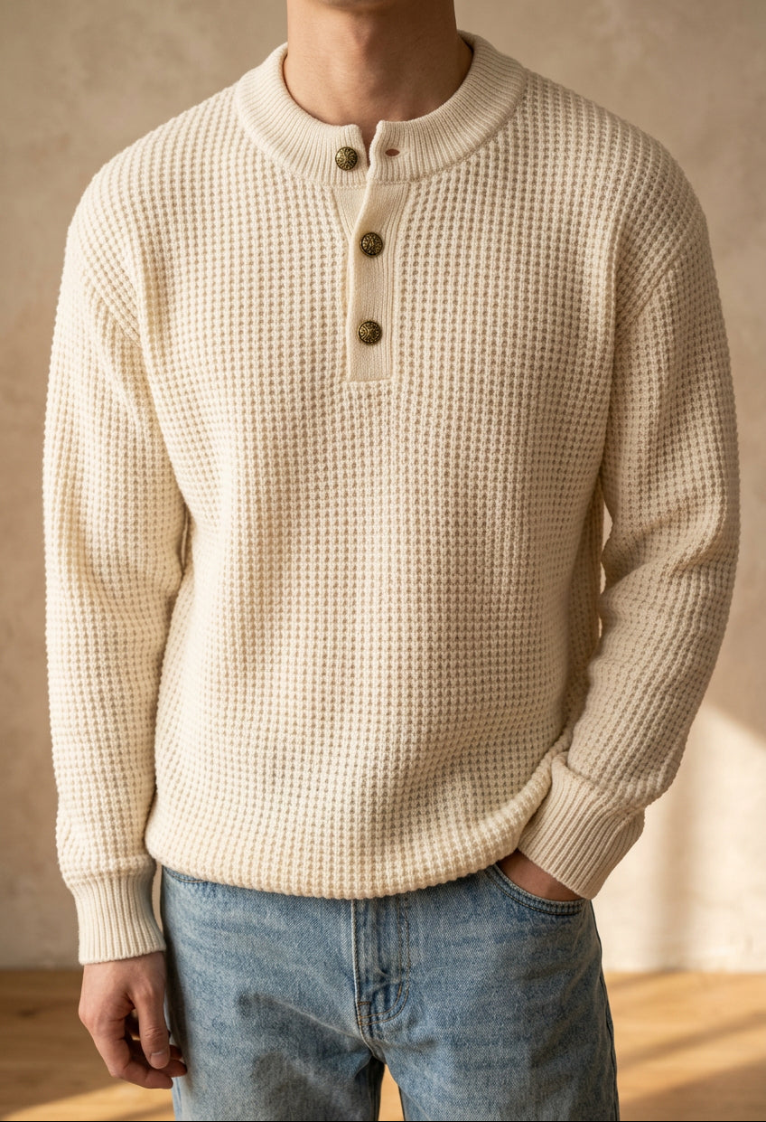 Men's Henley Sweater - Button Collar Knit Pullover for Fall & Winter