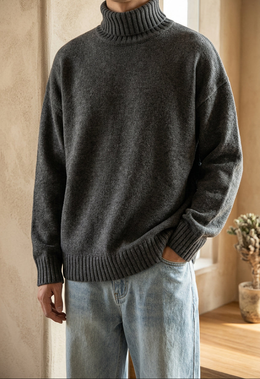 Men's Chunky Turtleneck Sweater - Oversized Knit Pullover, Warm Winter Jumper