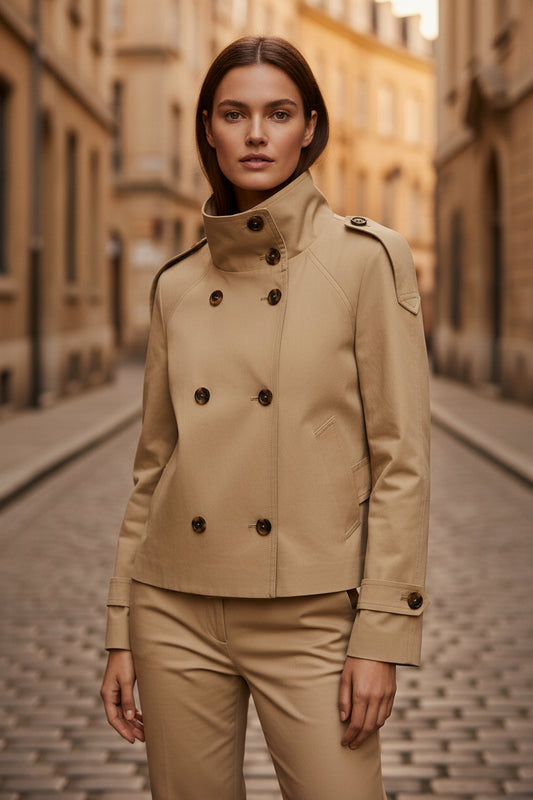 Womens Double Breasted Windbreaker Jacket - Retro Belted Short Cropped Trench Coat