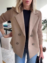 Womens Double Breasted Coat - Suit Collar Textured Hip Length