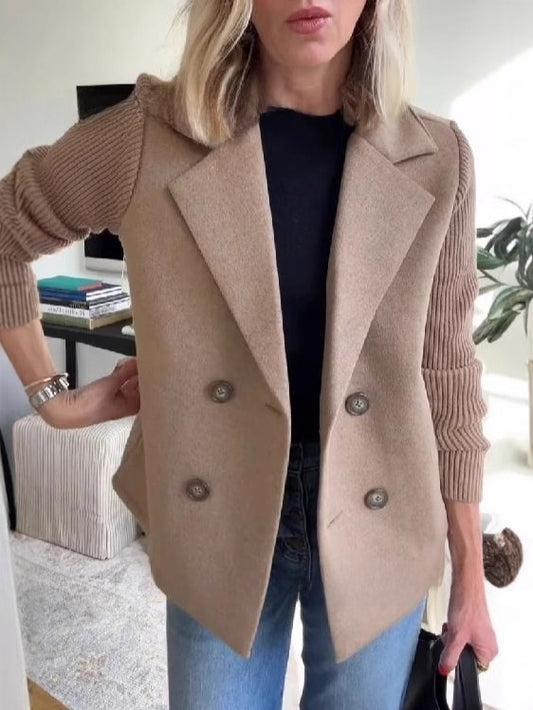 Womens Double Breasted Coat - Suit Collar Textured Hip Length