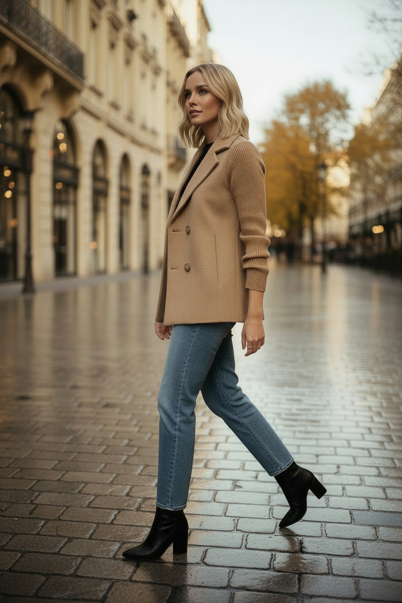 Womens Double Breasted Coat - Tailored Suit Collar Hip Length Winter Overcoat, XS-5XL