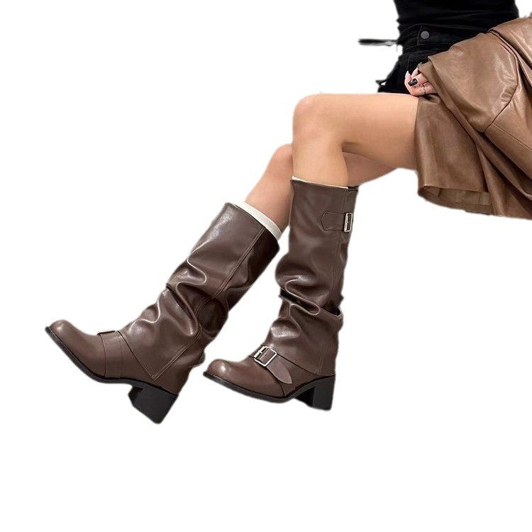 Women's Slouch Knee High Boots - Block Heel Faux Leather Tall Boots for Fall
