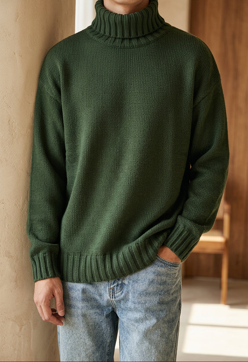 Men's Chunky Turtleneck Sweater - Oversized Knit Pullover, Warm Winter Jumper