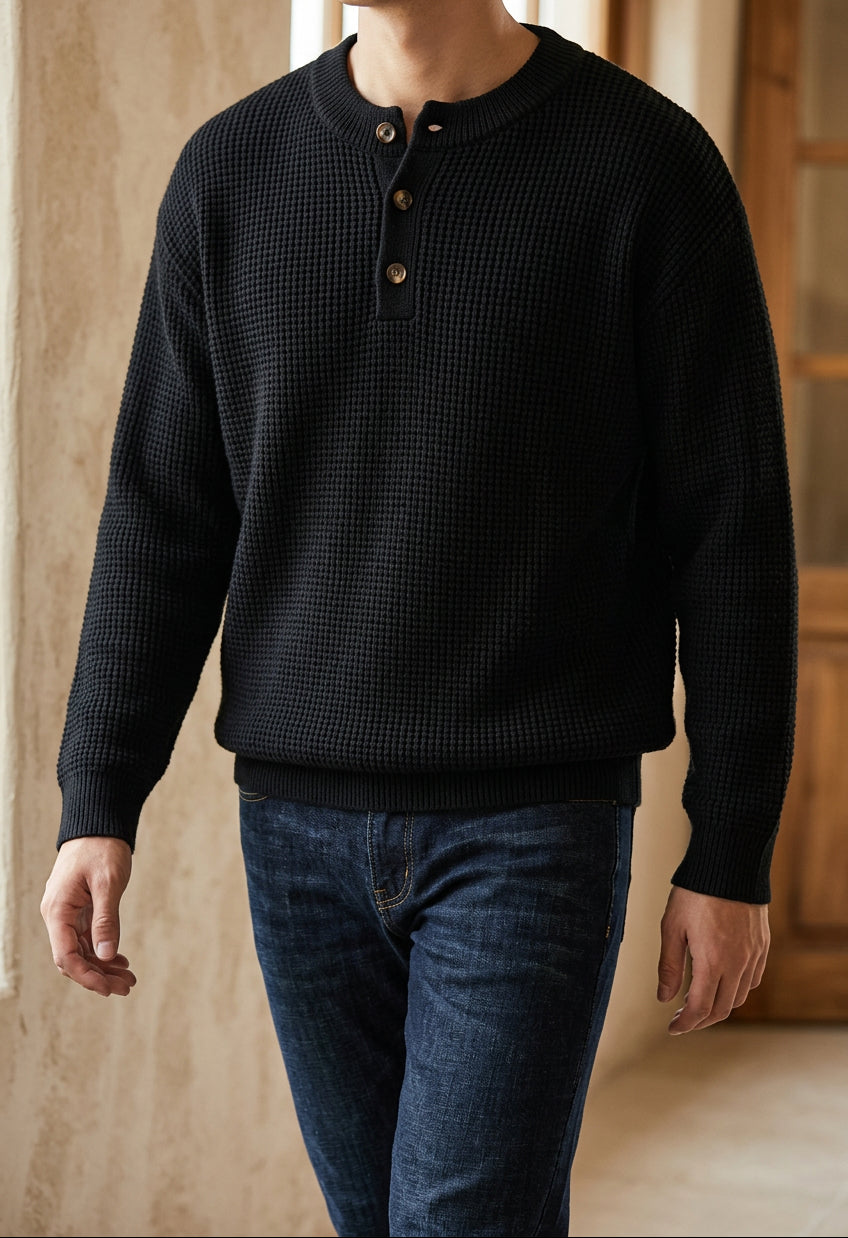Men's Henley Sweater - Button Collar Knit Pullover for Fall & Winter