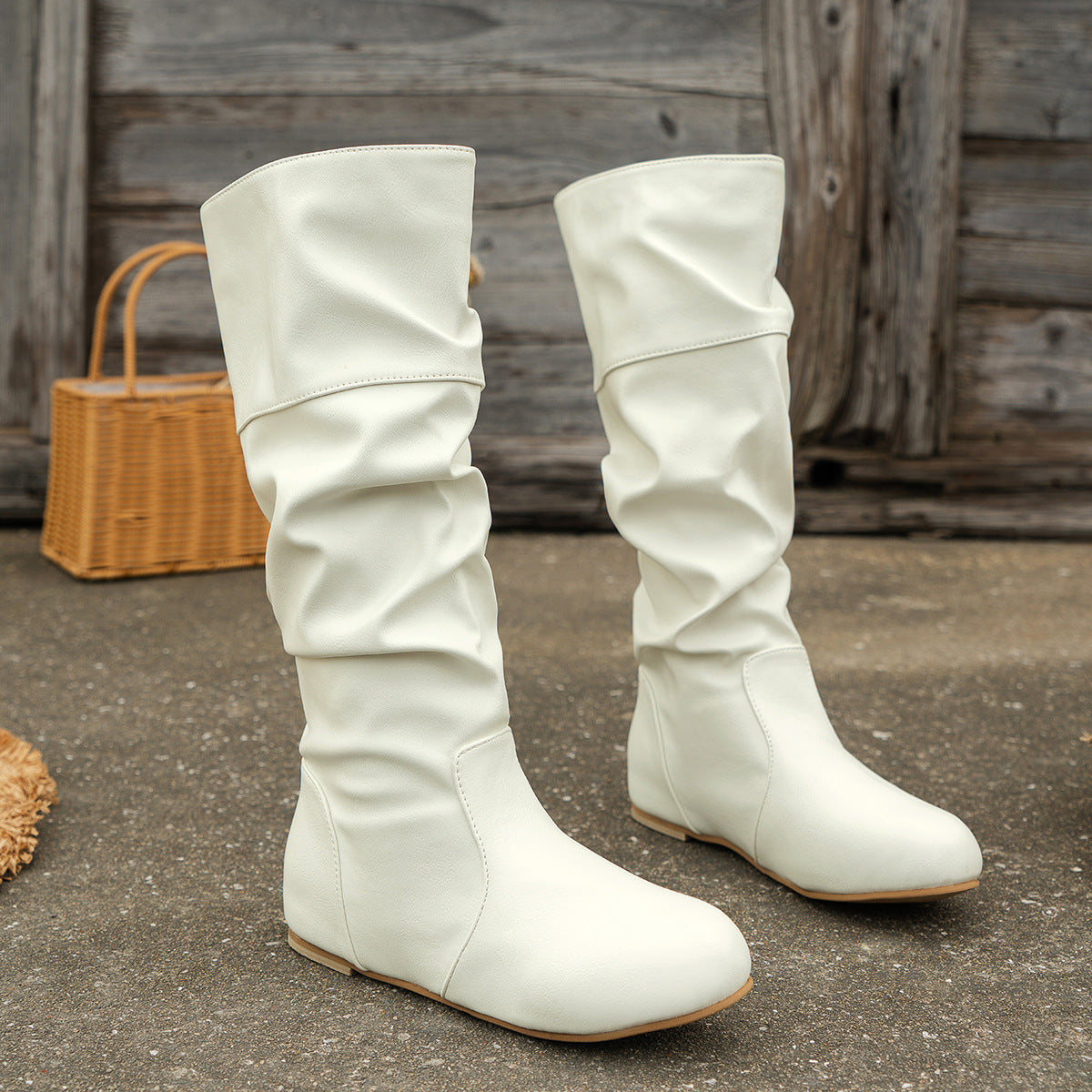 Women's Slouch Mid Calf Boots - Flat Faux Leather Pull On Boots for Fall