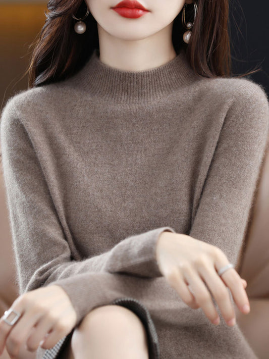 Womens Mock Neck Knitted Sweater - Loose Fit Winter Pullover