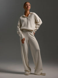 Women's Knit Hoodie and Wide Leg Pants Set - Two Piece Knitted Lounge Set, Cozy Fall & Winter Co Ord