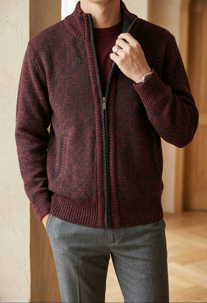 Men's Fleece Lined Cardigan - Full Zip Stand Collar Knit Sweater Jacket, Warm Winter Layer