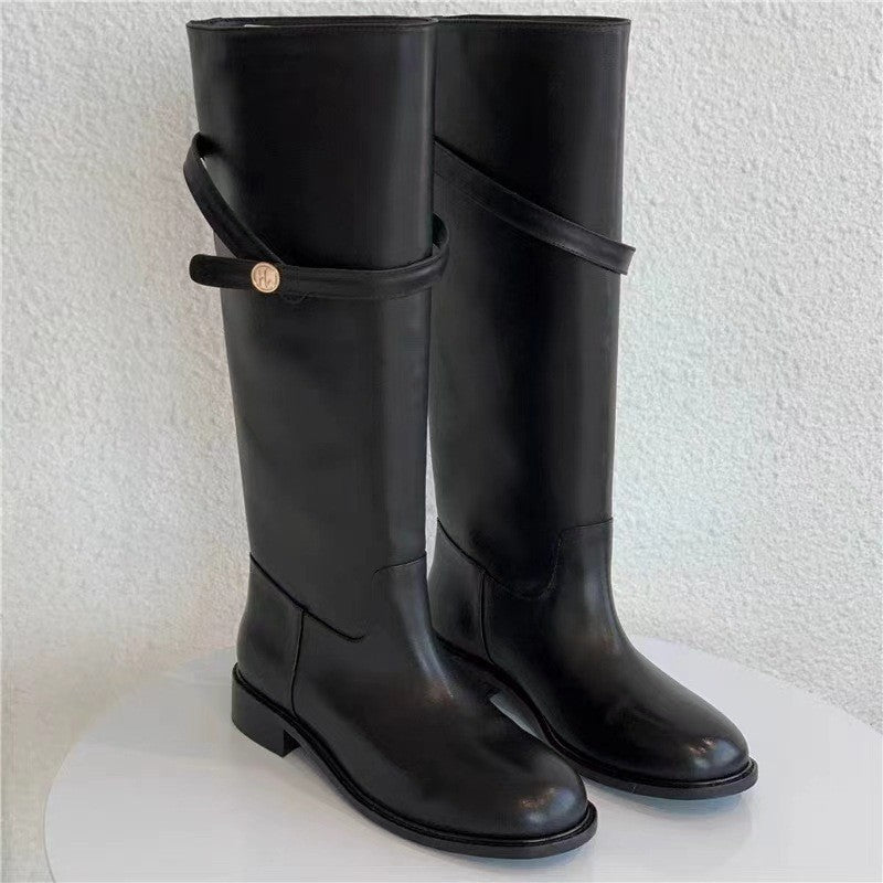 Womens Knee High Leather Boots - Tall Long Boots, Gold Buckle