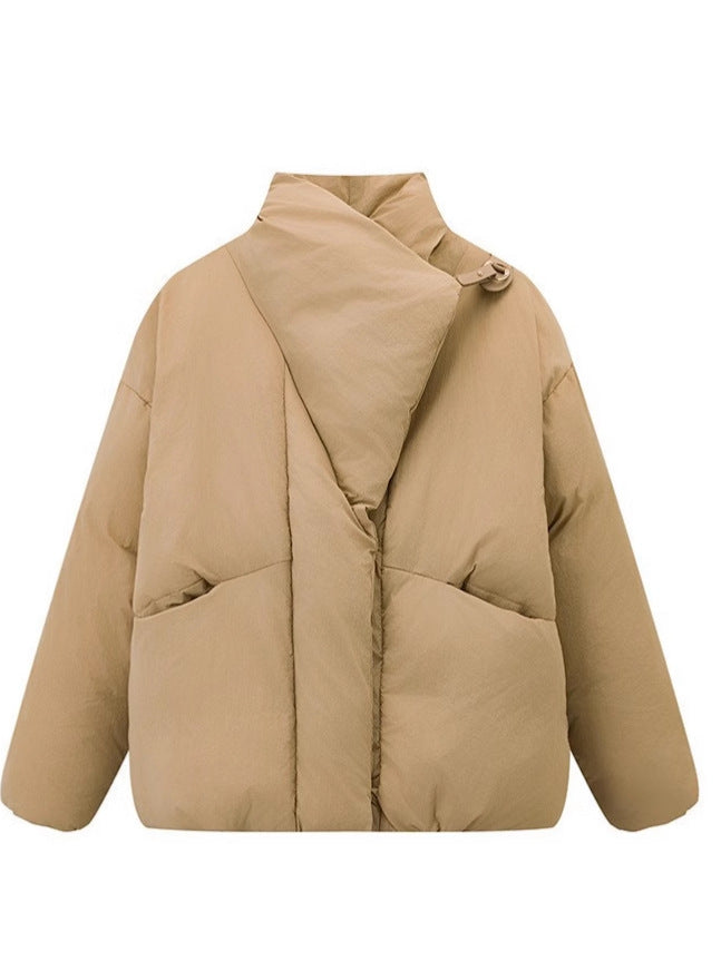 Womens Short Puffer Jacket - Lapel Collar Button Front Padded Coat