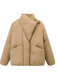 Womens Short Puffer Jacket - Lapel Collar Button Front Padded Coat