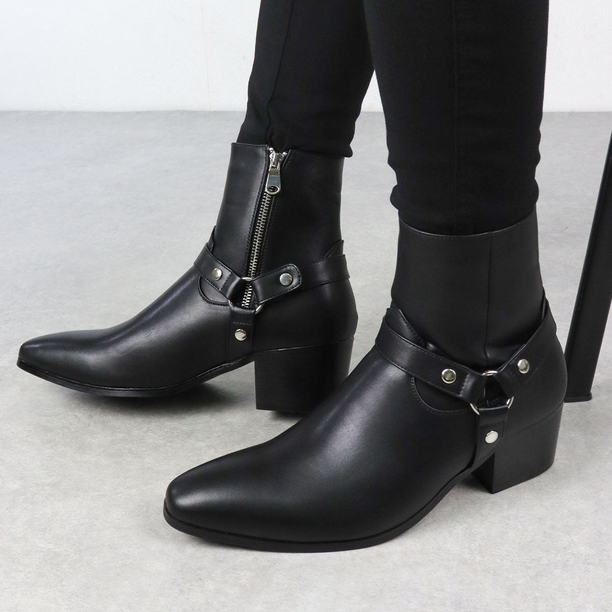 Mens Pointed Toe Ankle Boots - Side Zip Mid Heel Chelsea Style