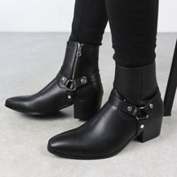 Mens Pointed Toe Ankle Boots - Side Zip Mid Heel Chelsea Style