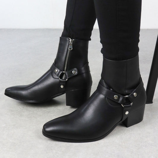 Mens Pointed Toe Ankle Boots - Side Zip Mid Heel Chelsea Style